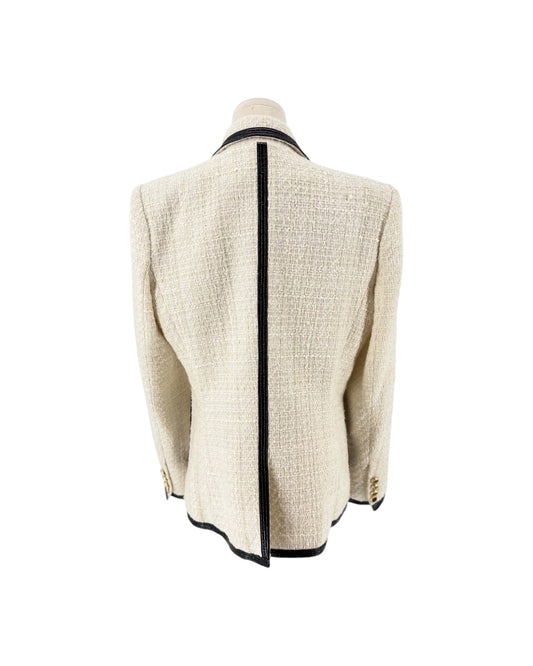 Metallic and Neutrals Tweed Pattern Blazer with Glitter Accents, Pointed Collar Patch Pockets, Button Closure on a mannequin on a white background
