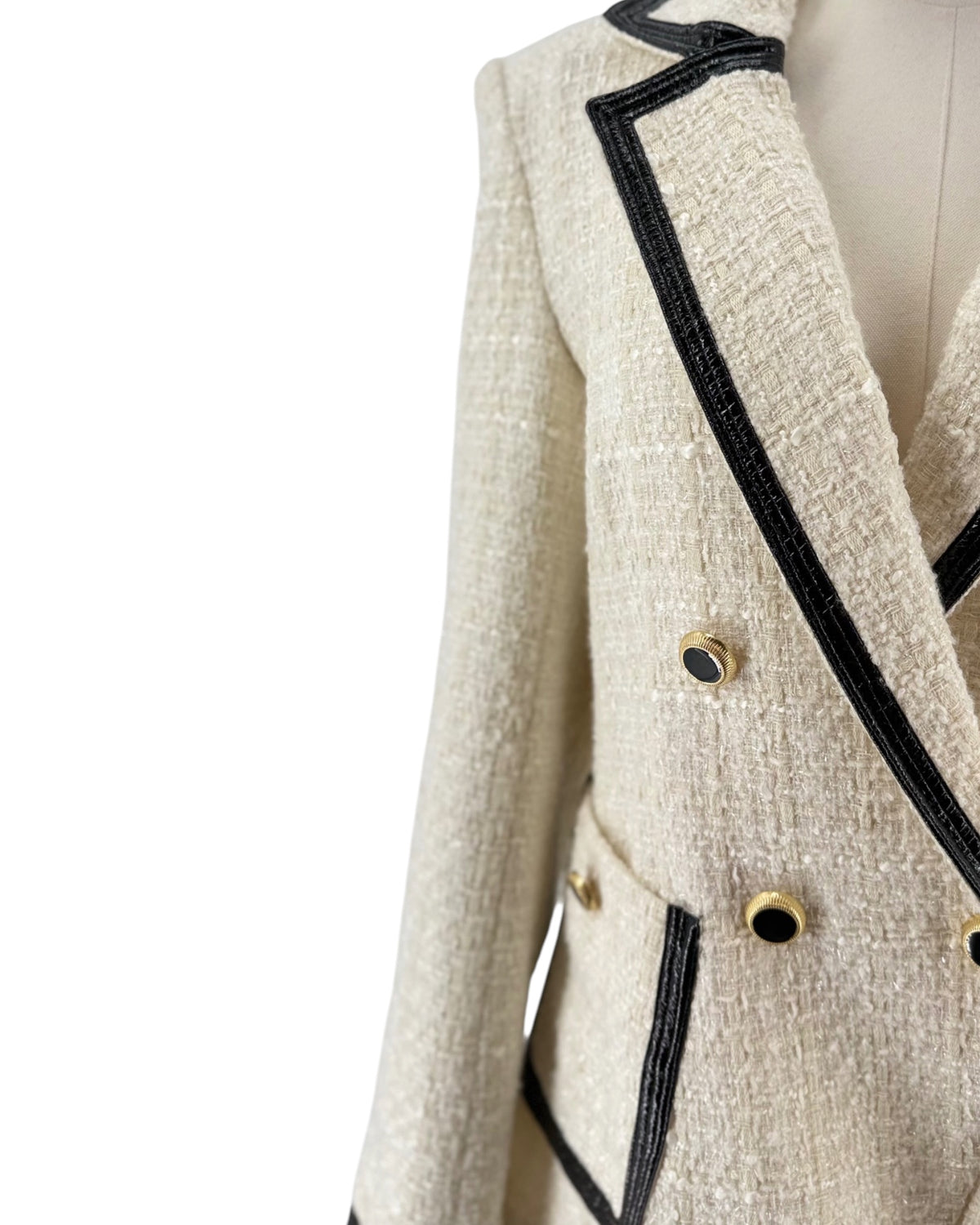 Metallic and Neutrals Tweed Pattern Blazer with Glitter Accents, Pointed Collar Patch Pockets, Button Closure on a mannequin on a white background