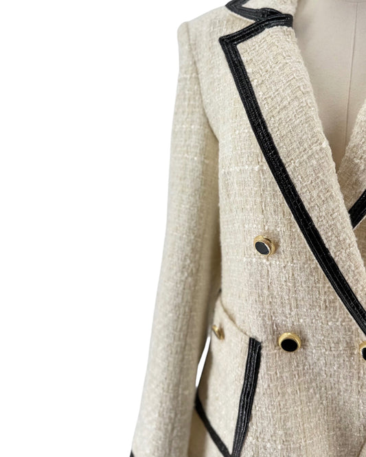 Metallic and Neutrals Tweed Pattern Blazer with Glitter Accents, Pointed Collar Patch Pockets, Button Closure on a mannequin on a white background