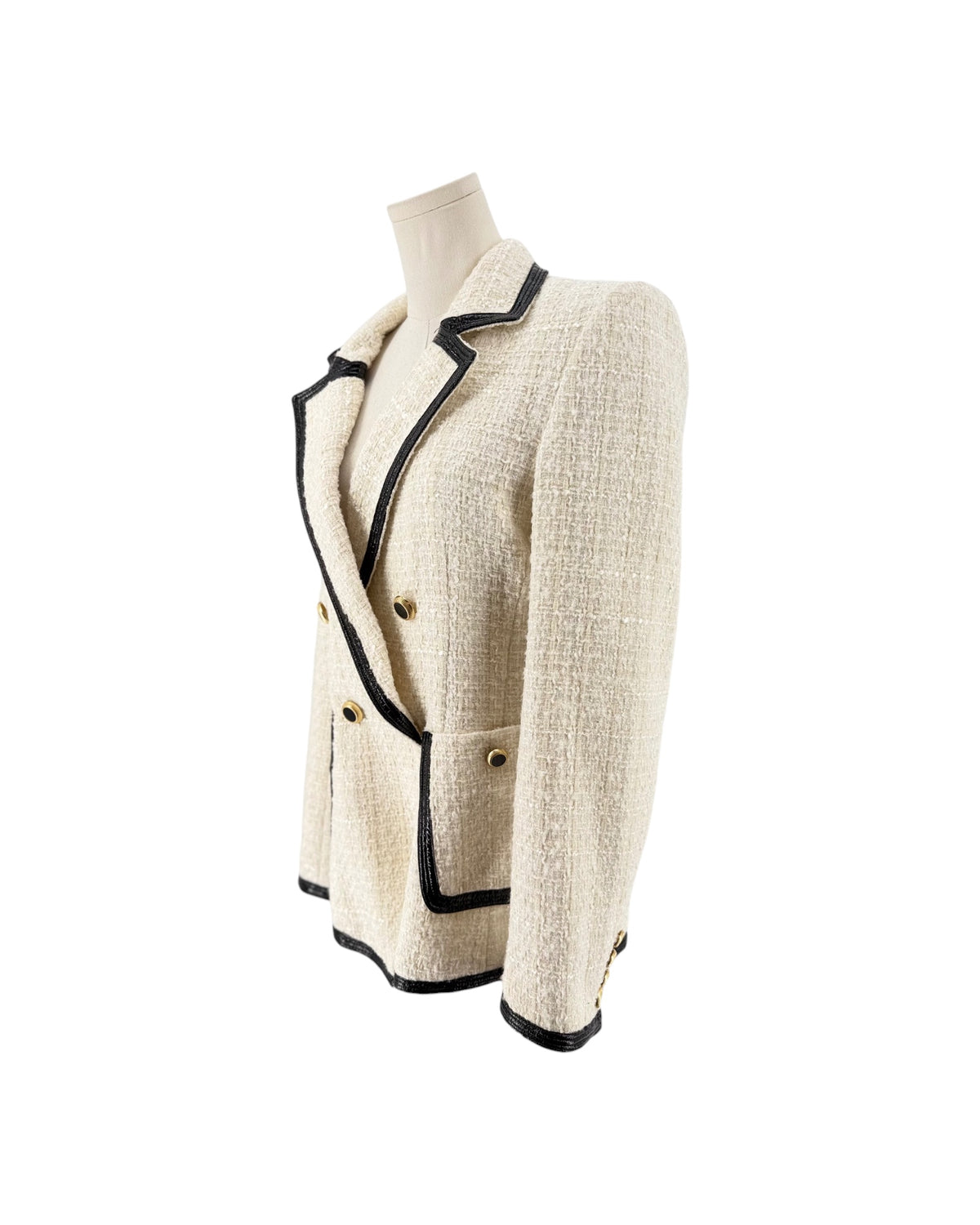 Metallic and Neutrals Tweed Pattern Blazer with Glitter Accents, Pointed Collar Patch Pockets, Button Closure on a mannequin on a white background