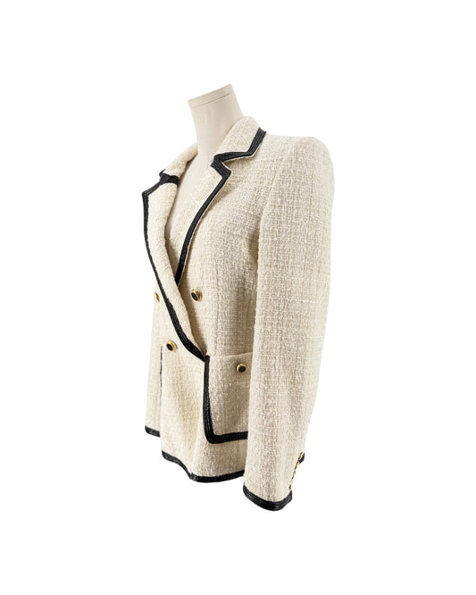 Metallic and Neutrals Tweed Pattern Blazer with Glitter Accents, Pointed Collar Patch Pockets, Button Closure on a mannequin on a white background