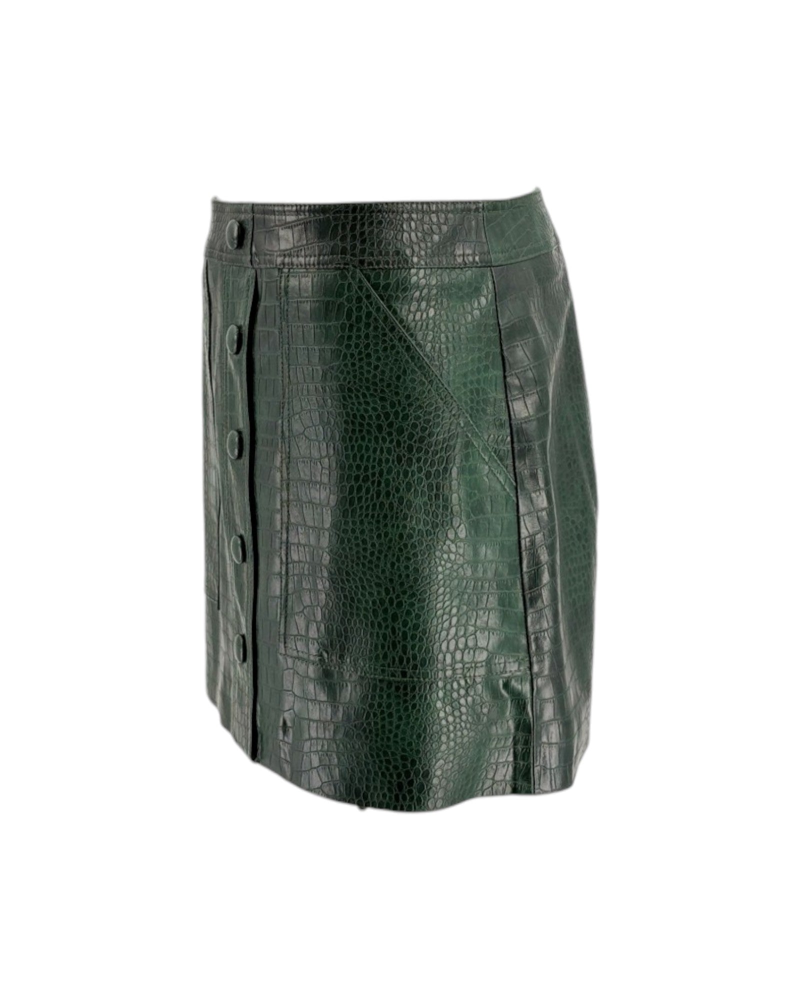 Green leather skirt with crocodile texture on a white background