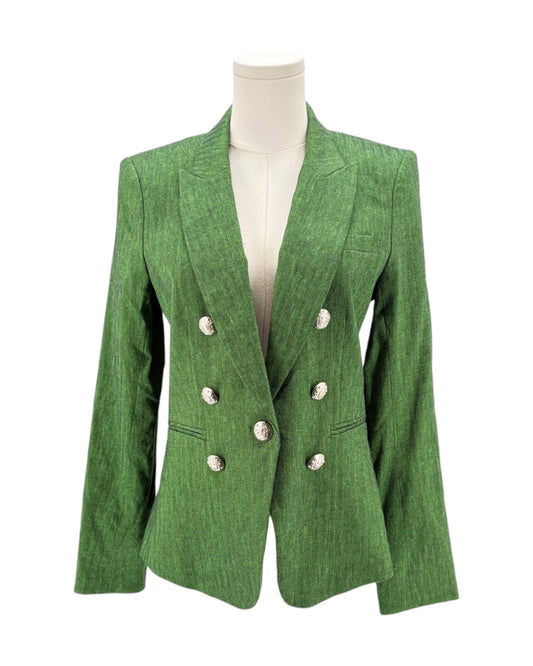 Green blazer with silver buttons on a mannequin against a white background
