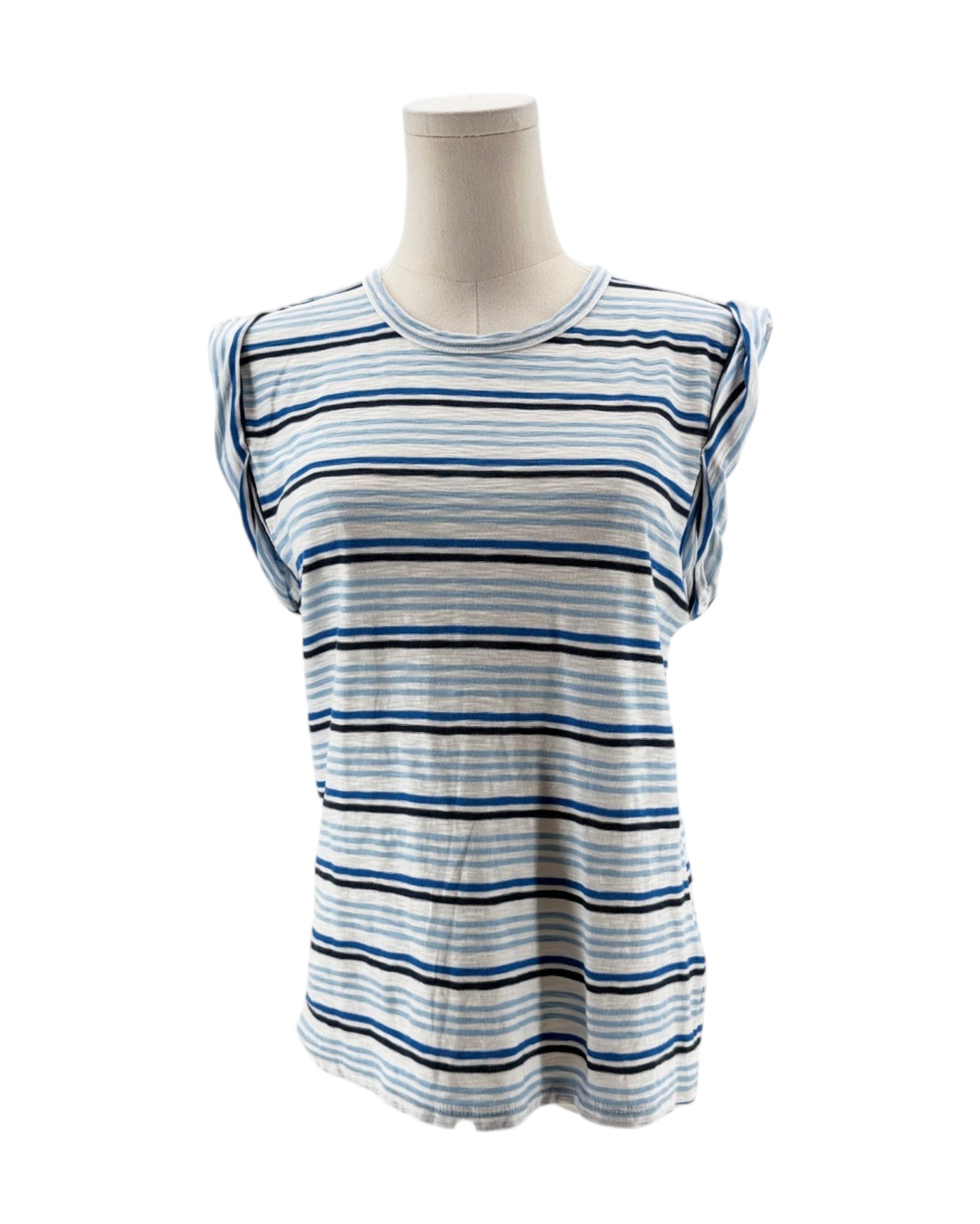 Striped sleeveless top on a mannequin against a white background