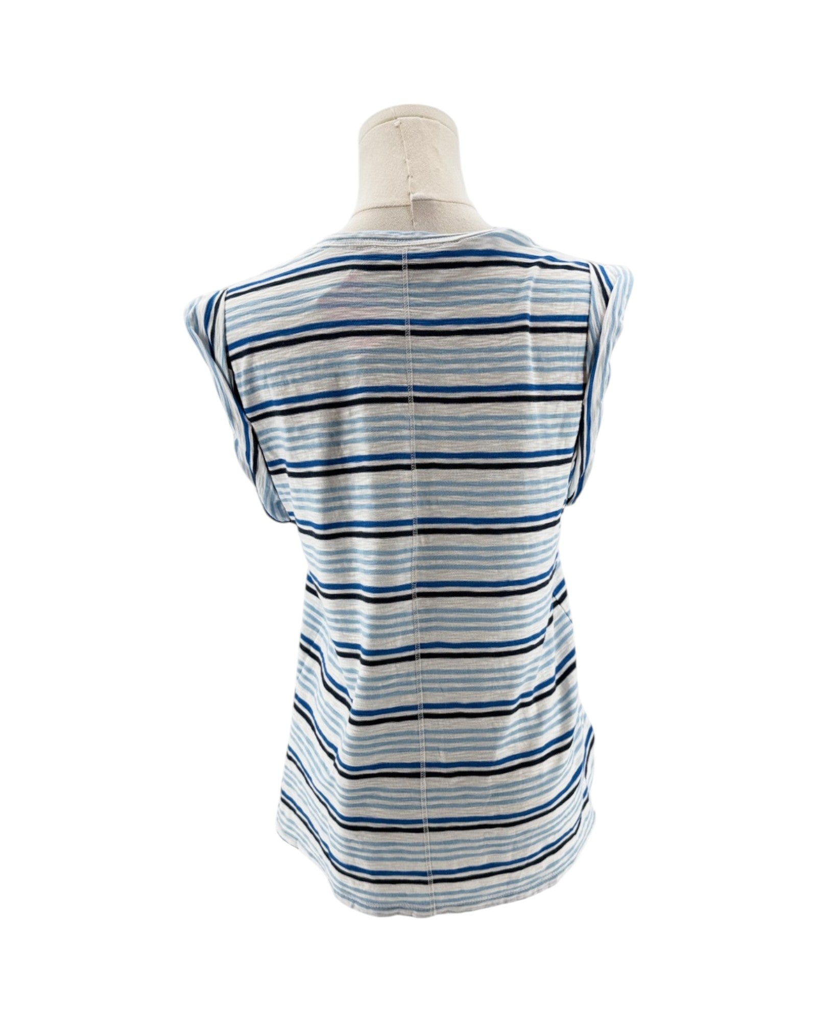 Striped sleeveless shirt on a mannequin against a white background