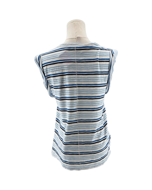 Striped sleeveless shirt on a mannequin against a white background