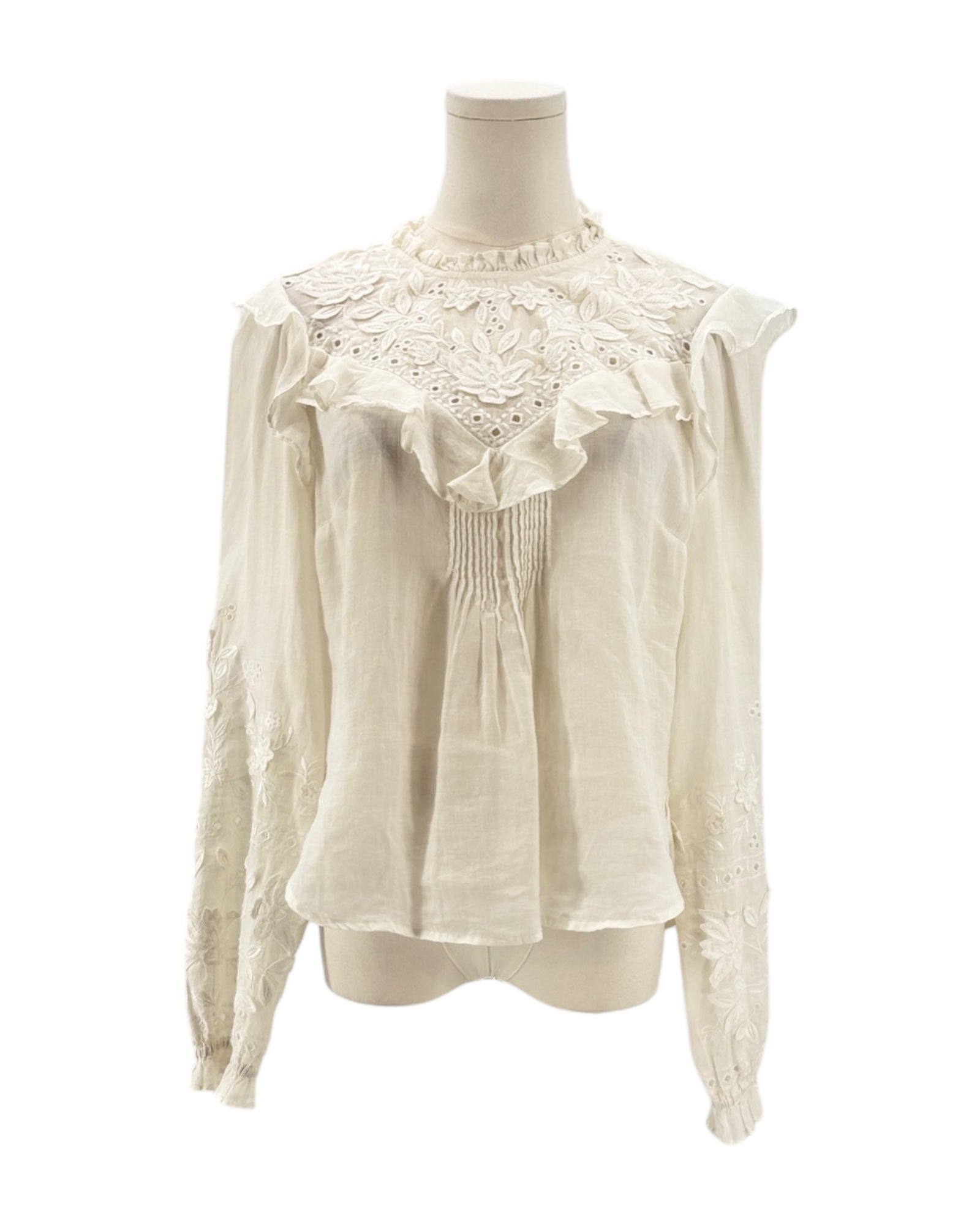 White blouse with lace details on a mannequin against a white background