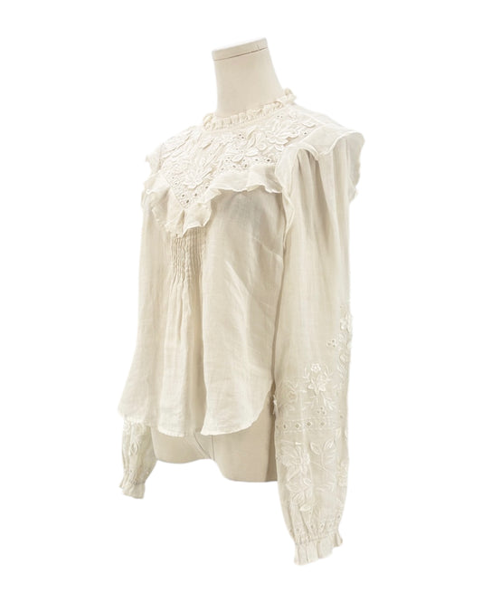 White lace blouse on a mannequin against a white background