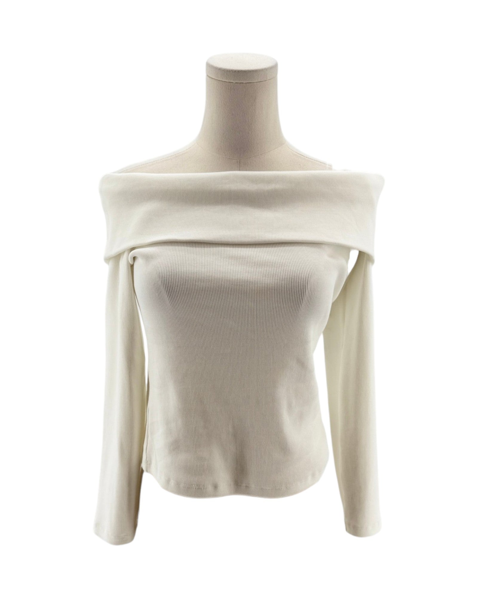 Beige off-shoulder top on a mannequin against a white background