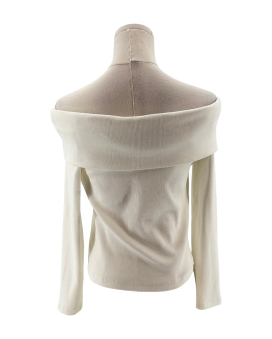 Beige off-shoulder top on a mannequin against a white background