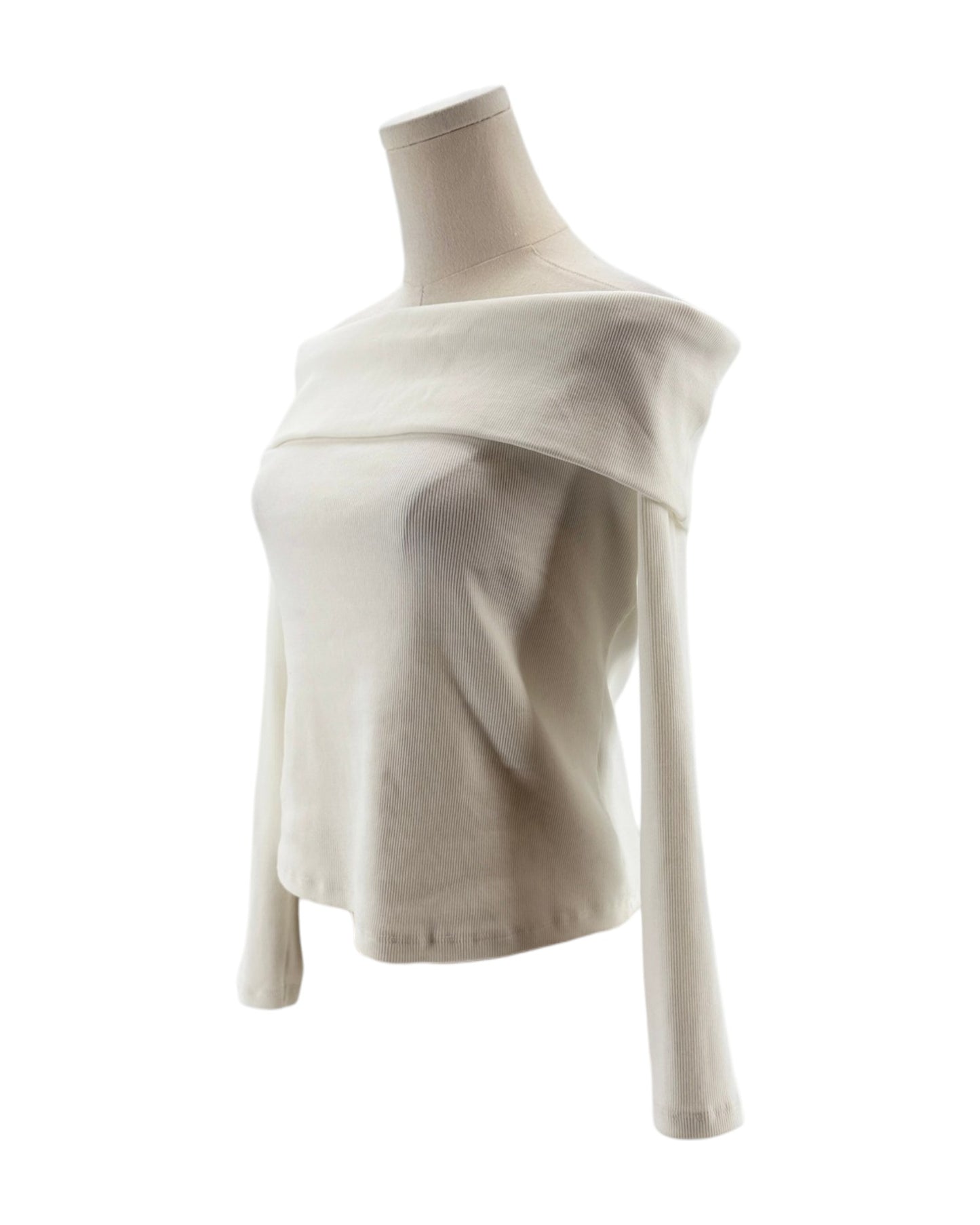 Beige off-shoulder top on a white background