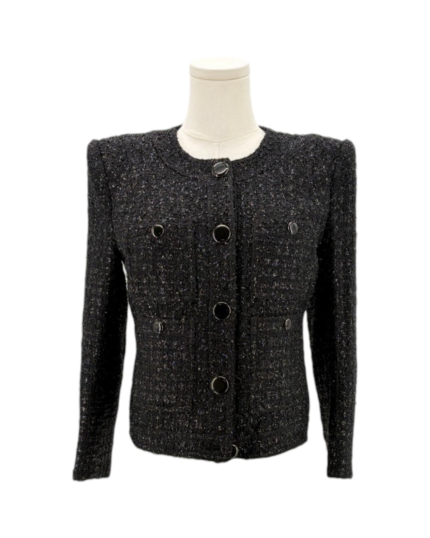 Black textured jacket on a mannequin against a white background