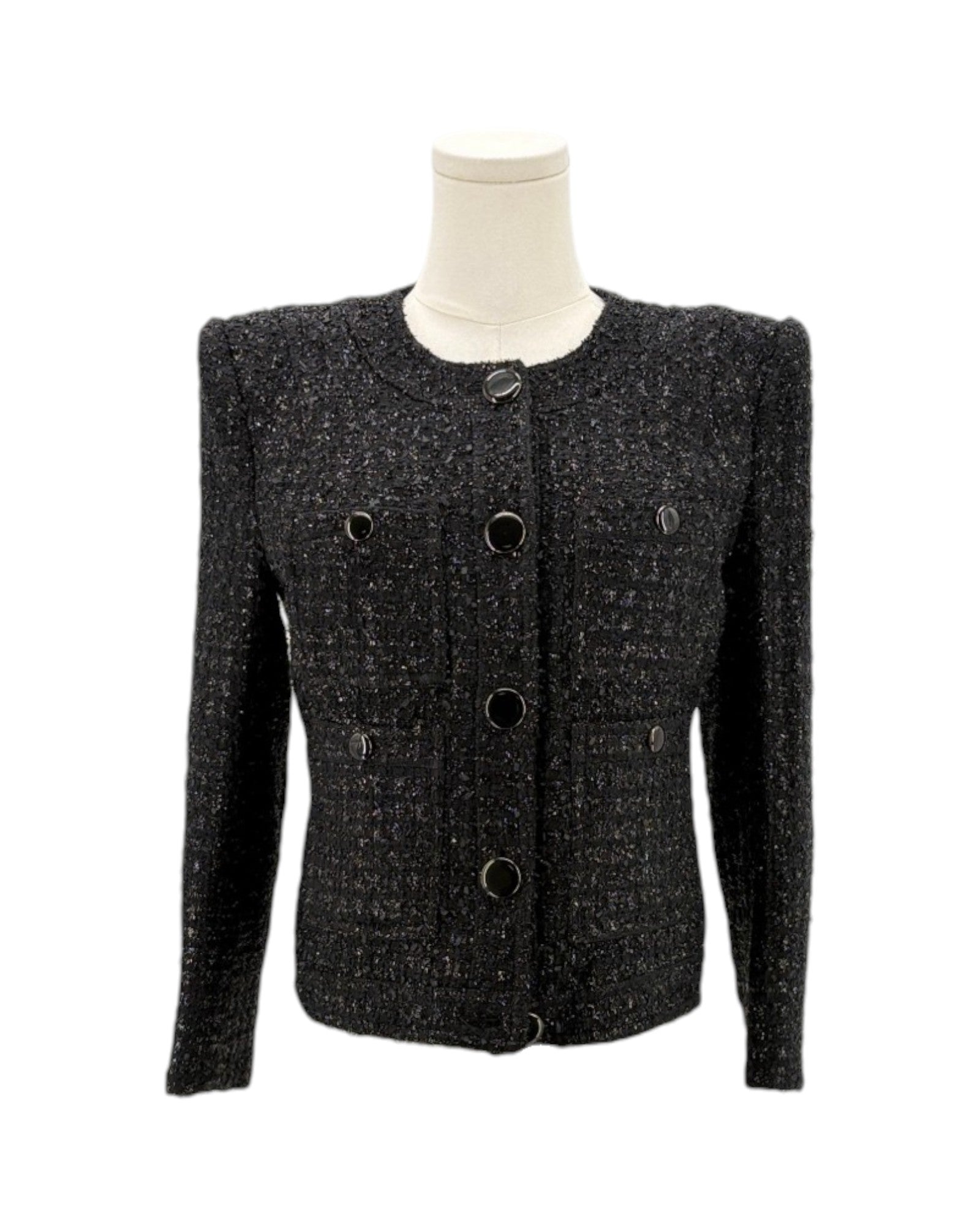 Black textured jacket on a mannequin against a white background