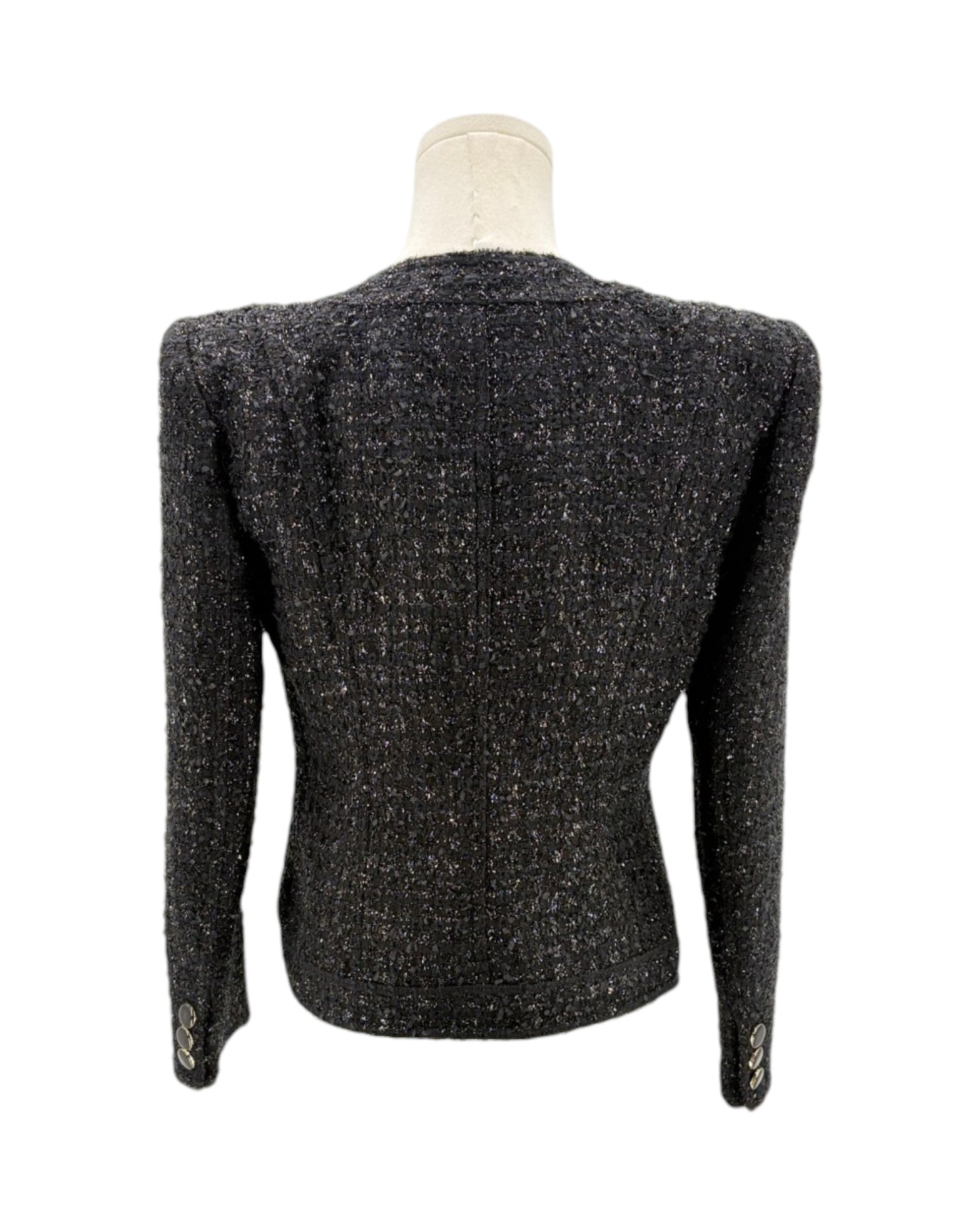 Black textured blazer on a mannequin against a white background
