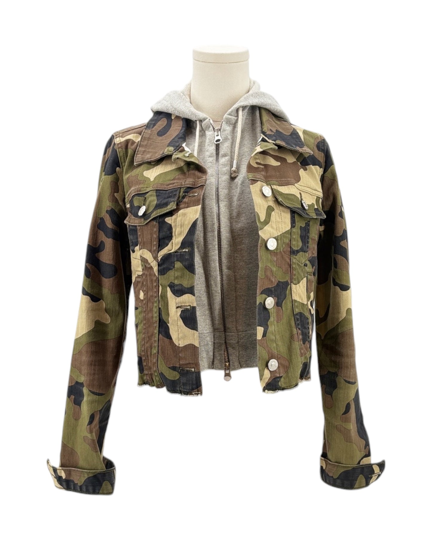 Camouflage jacket on a mannequin with a white background
