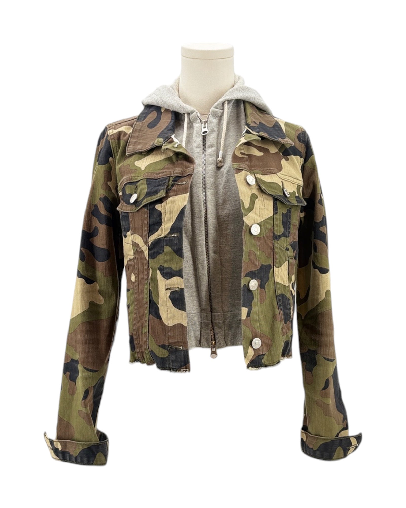 Camouflage jacket on a mannequin with a white background