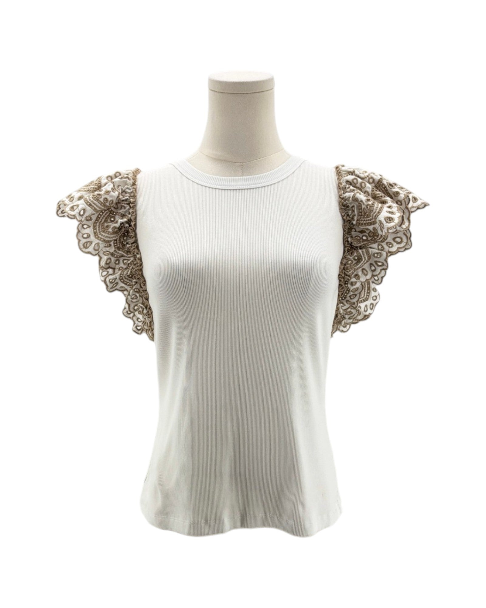 White top with lace sleeves on a mannequin against a white background
