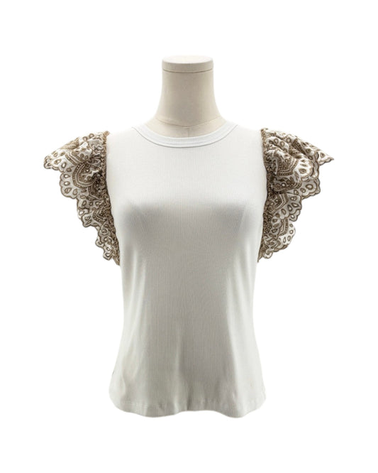 White top with lace sleeves on a mannequin against a white background