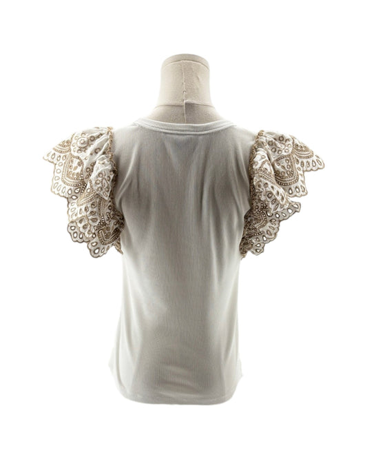 White blouse with lace sleeves on a mannequin against a white background