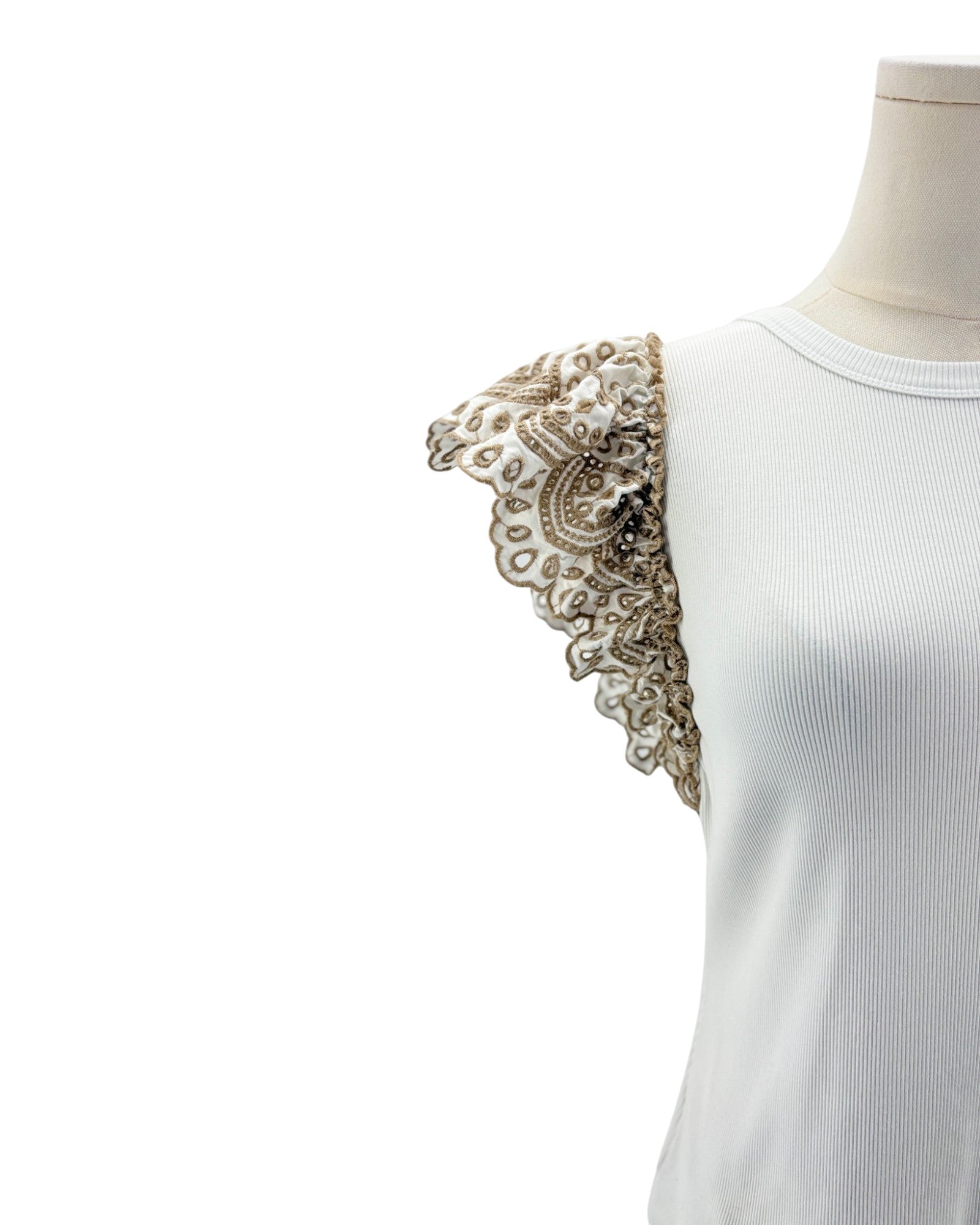 White top with lace detailing on a mannequin against a white background