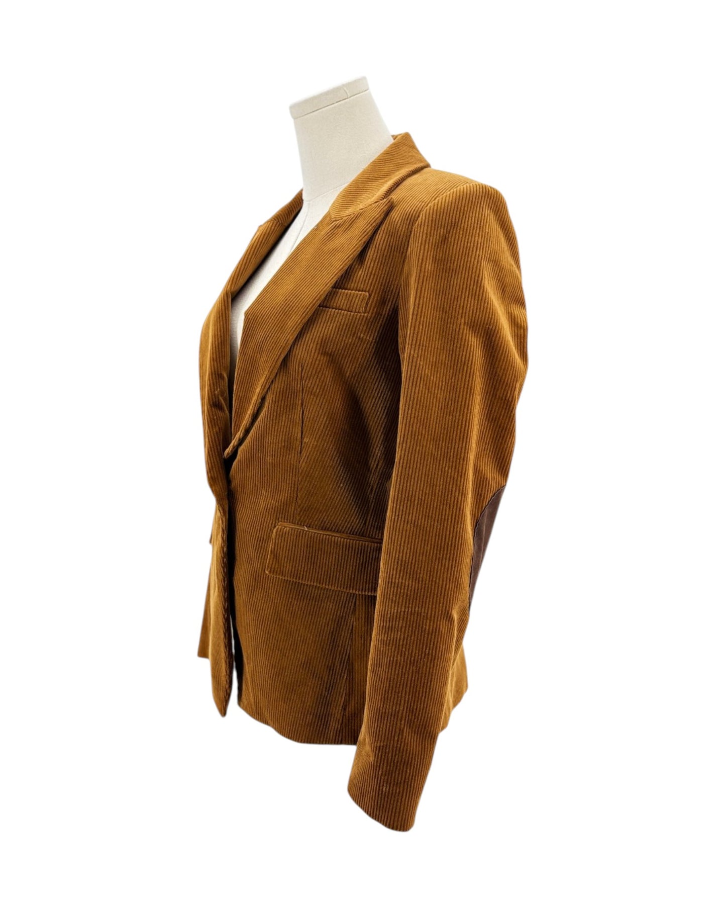 Brown corduroy blazer on a mannequin against a white background