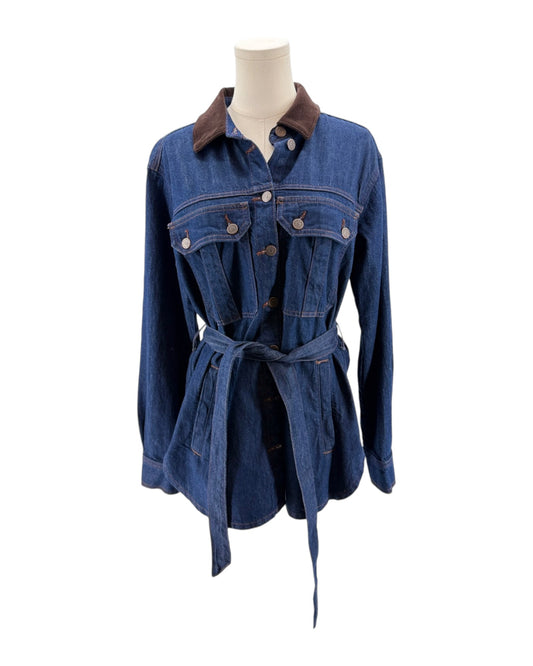 Blue denim jacket with a belt on a mannequin against a white background