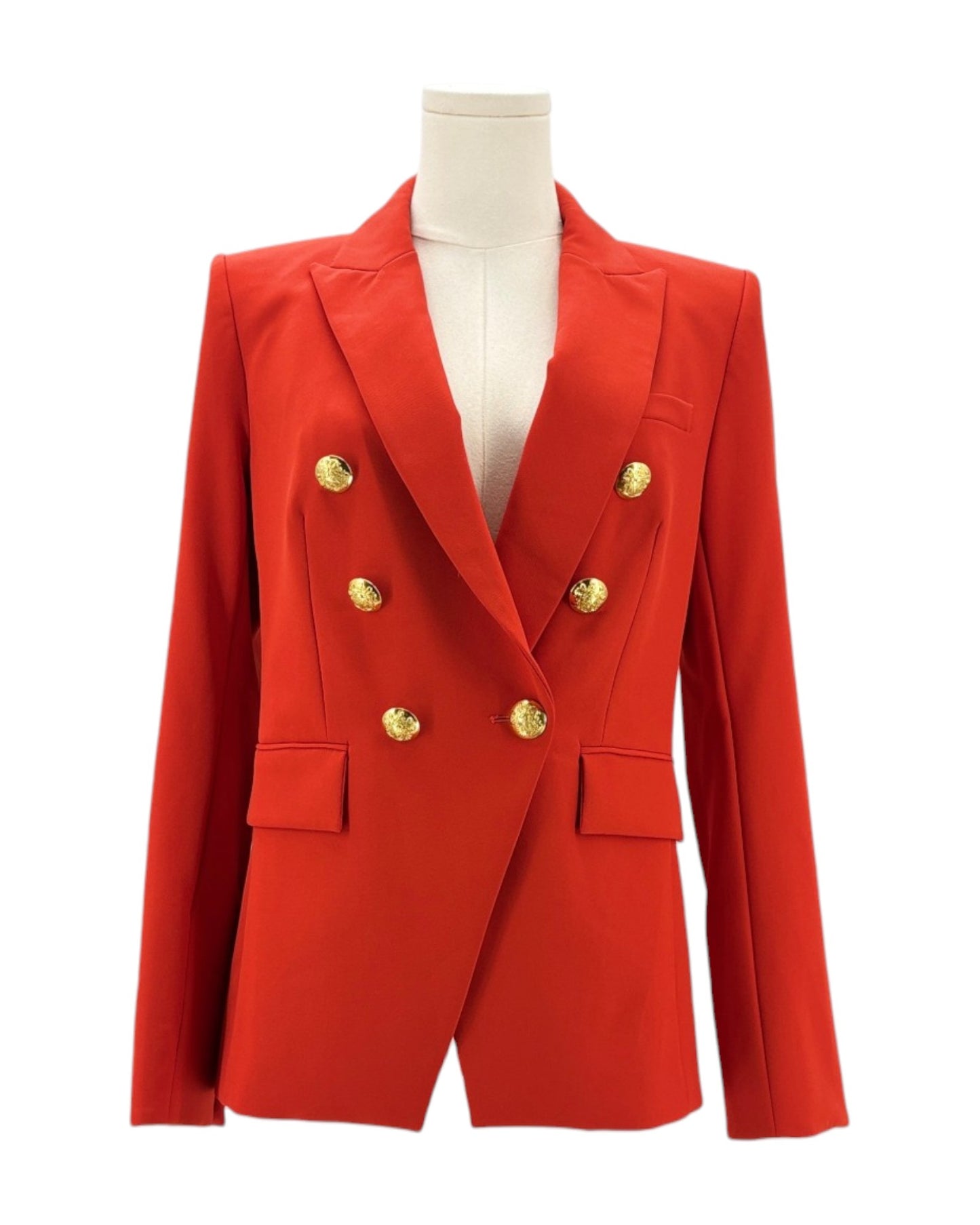 Red blazer with gold buttons on a mannequin against a white background