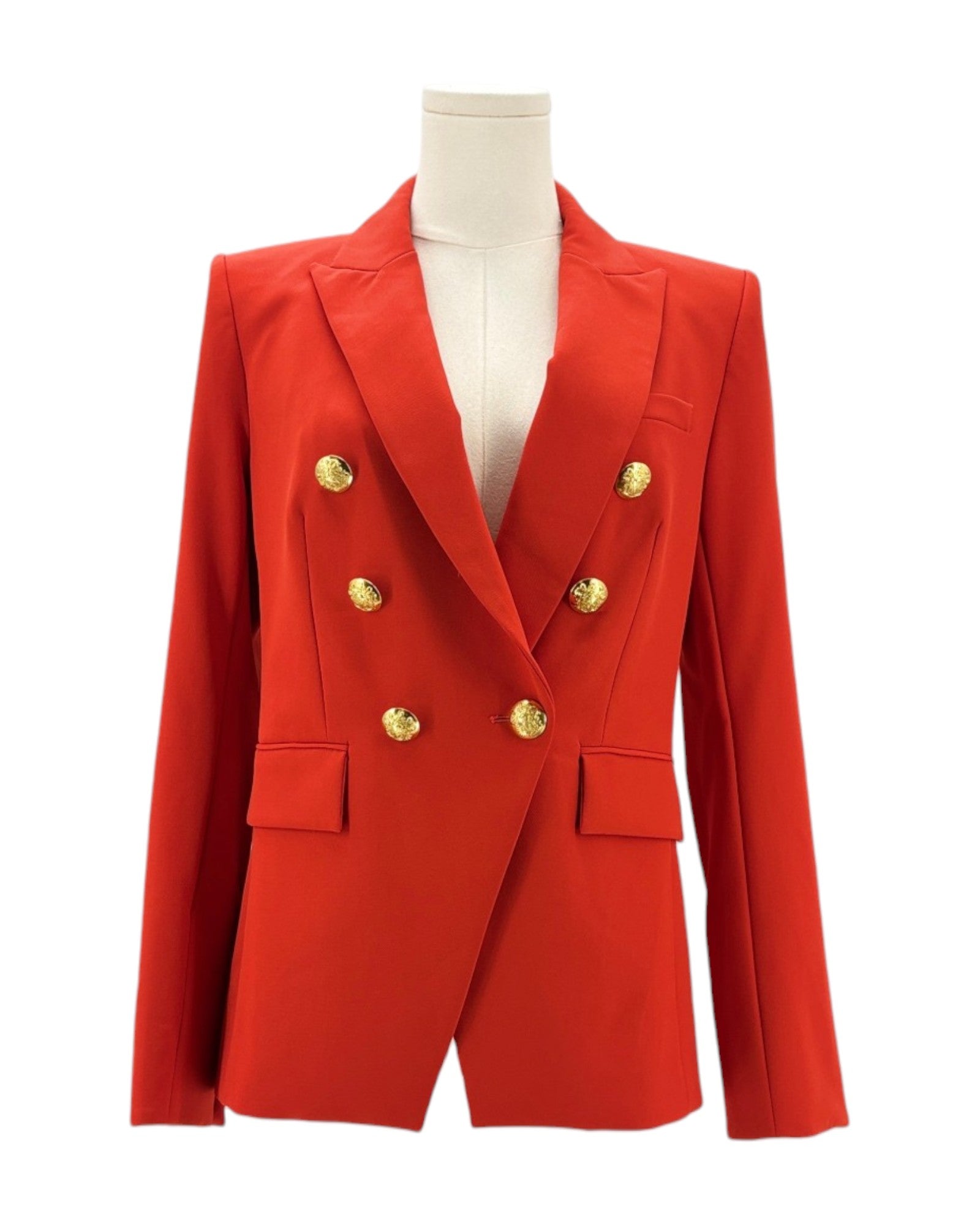 Red blazer with gold buttons on a mannequin against a white background