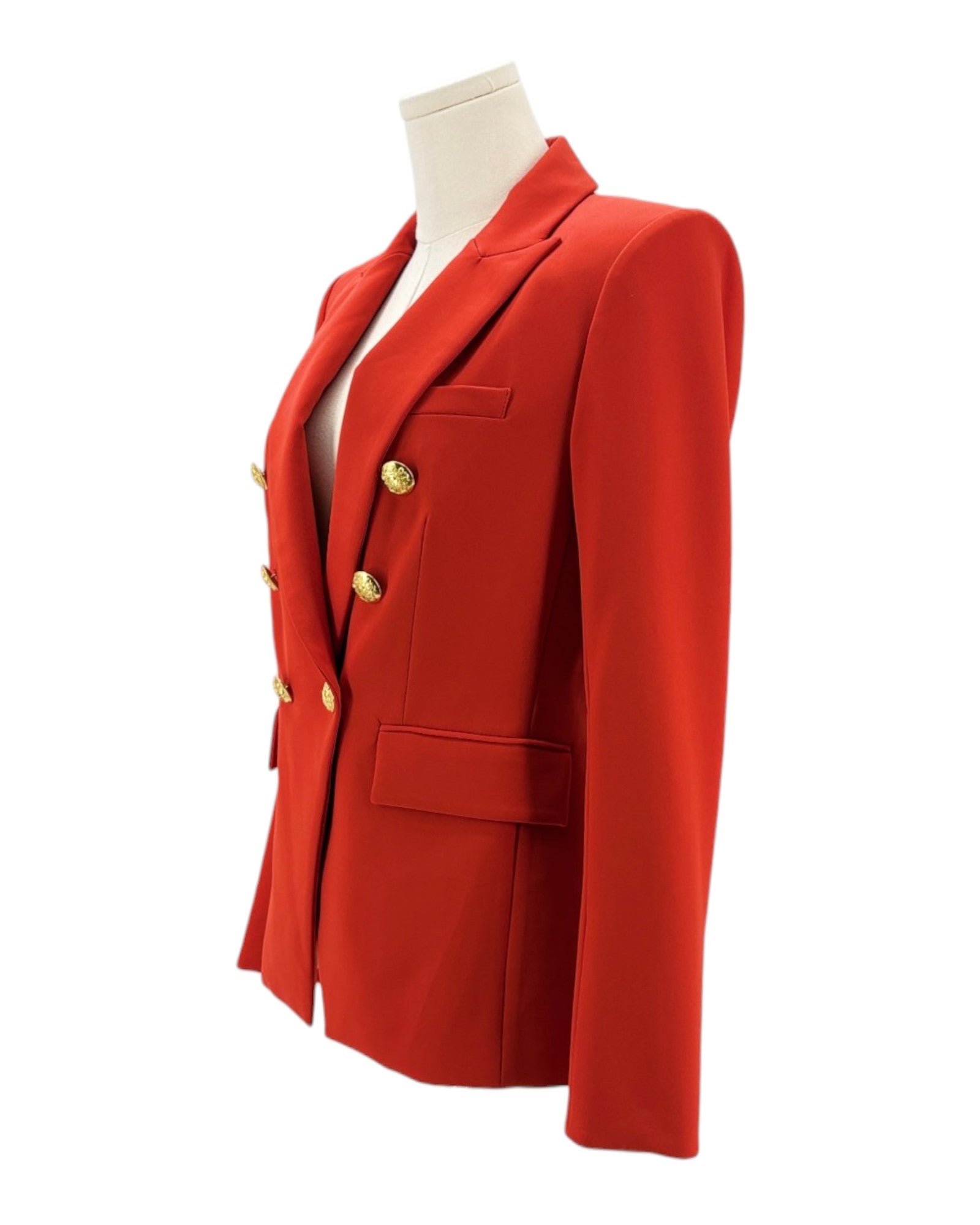 Red blazer with gold buttons on a mannequin against a white background