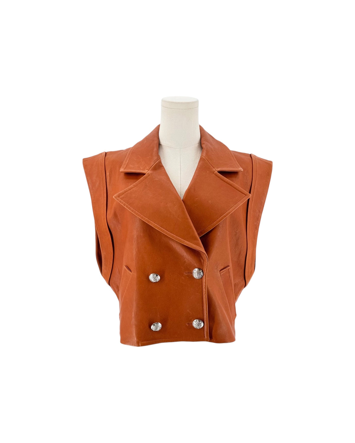 Burnt orange Lamb Leather Vest Pointed Collar Slit Pockets and button front on a white background on a mannequin