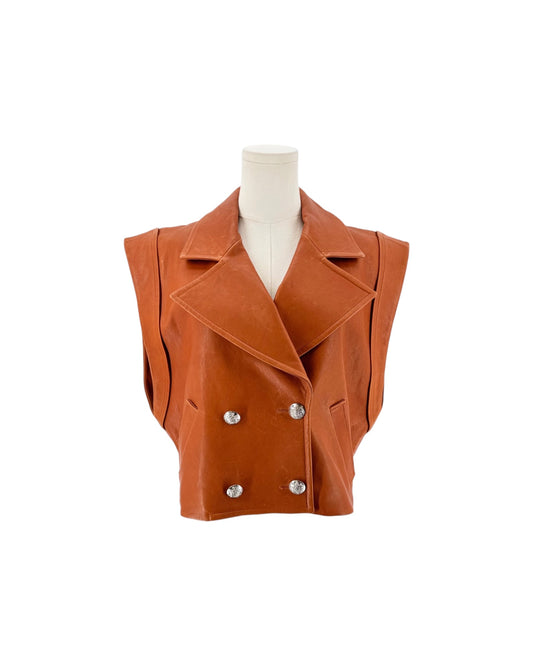 Burnt orange Lamb Leather Vest Pointed Collar Slit Pockets and button front on a white background on a mannequin