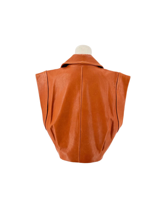 Burnt orange Lamb Leather Vest Pointed Collar Slit Pockets and button front on a white background on a mannequin