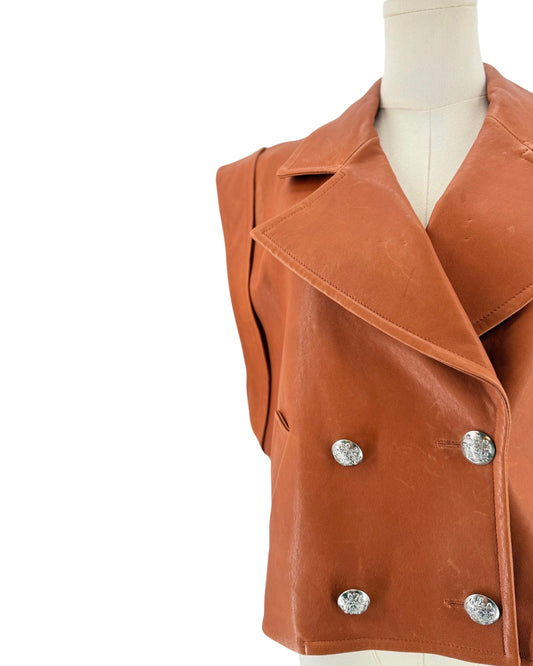 Burnt orange Lamb Leather Vest Pointed Collar Slit Pockets and button front on a white background on a mannequin