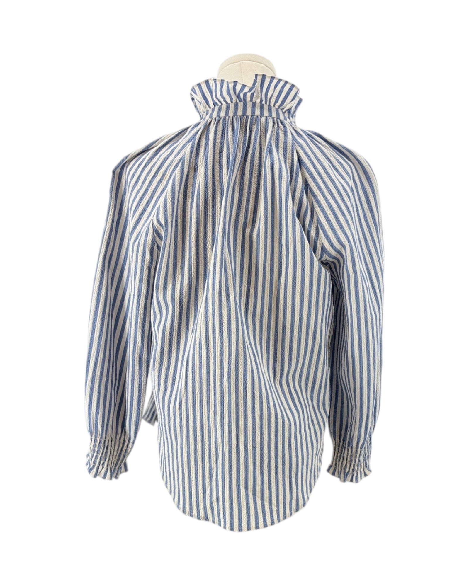Veronica Beard blue and white striped shirt on a mannequin with a white background