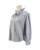 Veronica Beard blue and white striped shirt on a mannequin with a white background