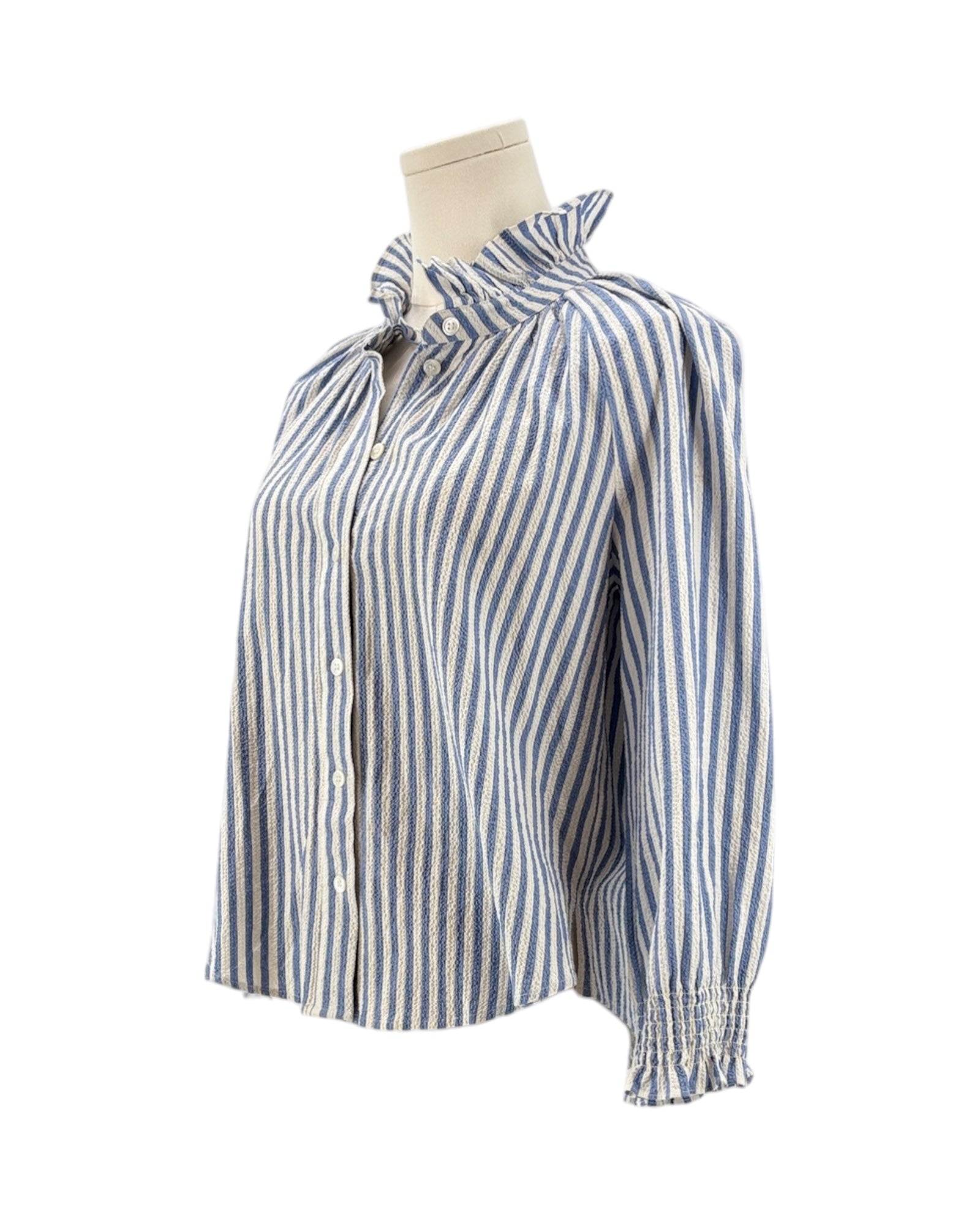 Veronica Beard blue and white striped shirt on a mannequin with a white background