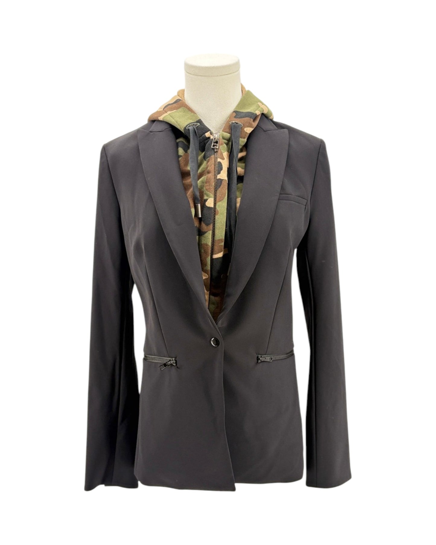 Black blazer with camouflage patterned shirt on a mannequin against a white background