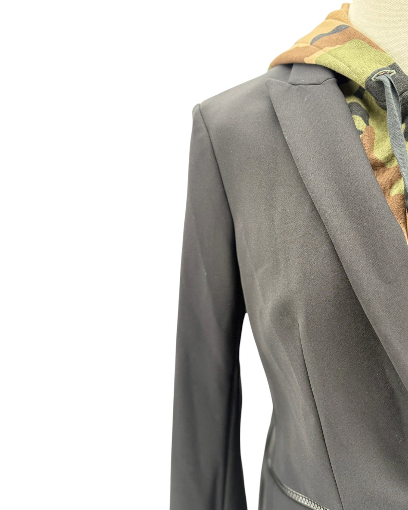 Black jacket with a camouflage hood on a white background