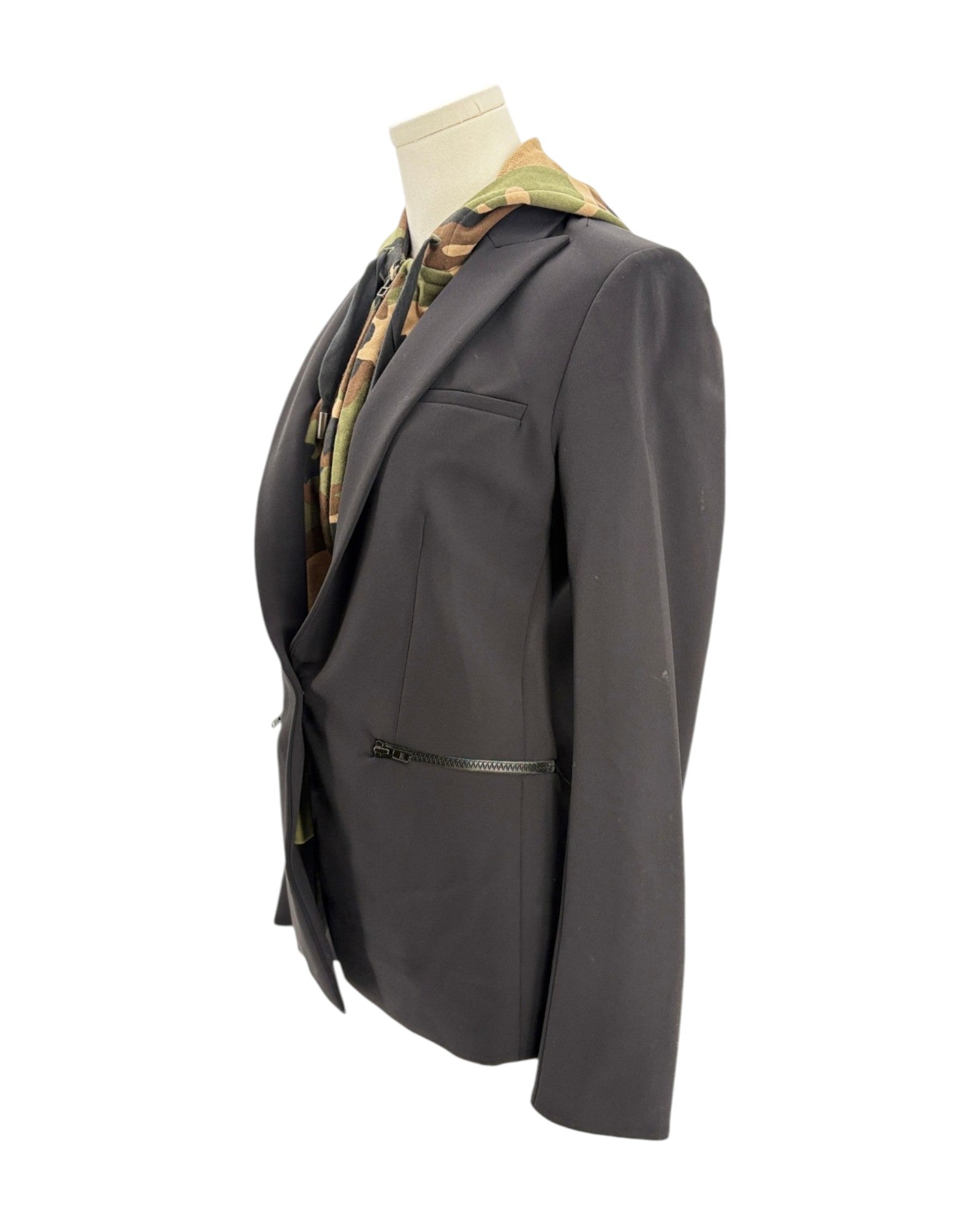 Black blazer on a mannequin with a camouflage pattern against a white background