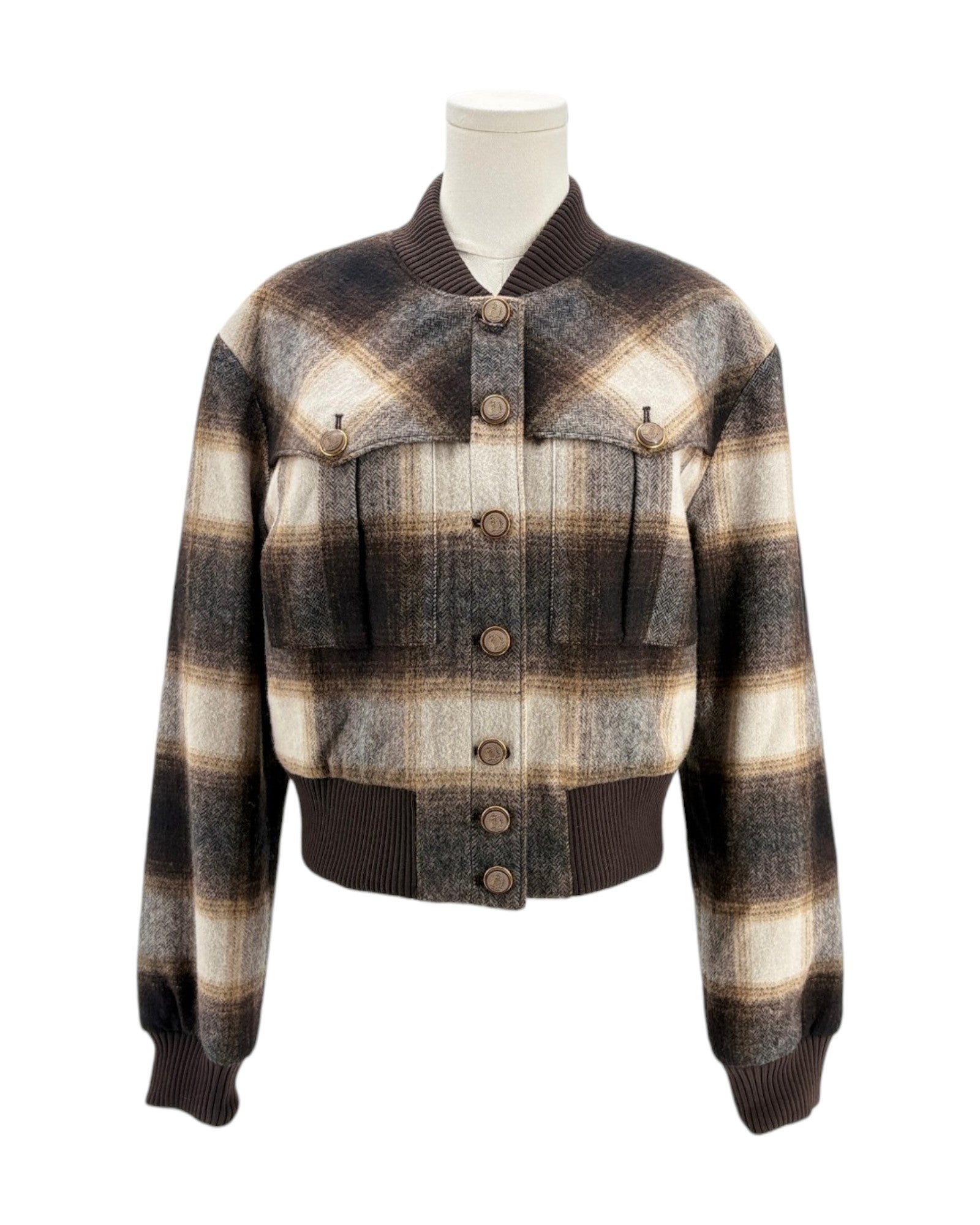 Plaid jacket on a mannequin against a white background