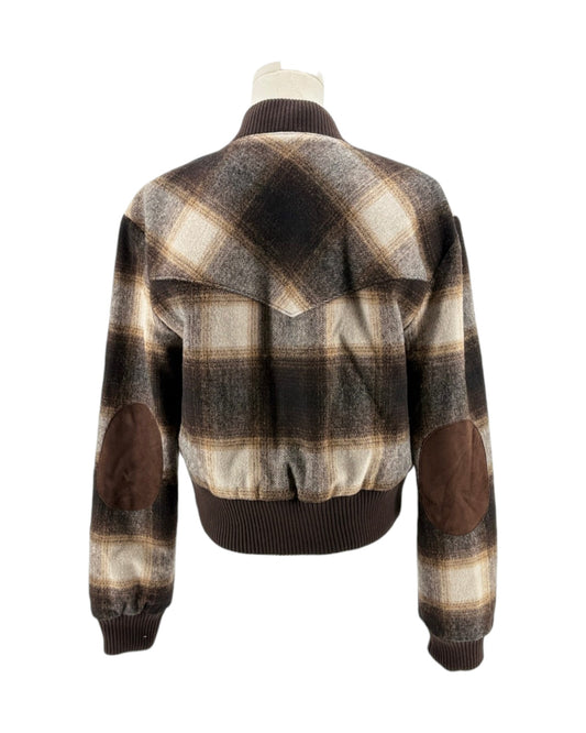 Plaid jacket with brown and beige pattern on a white background