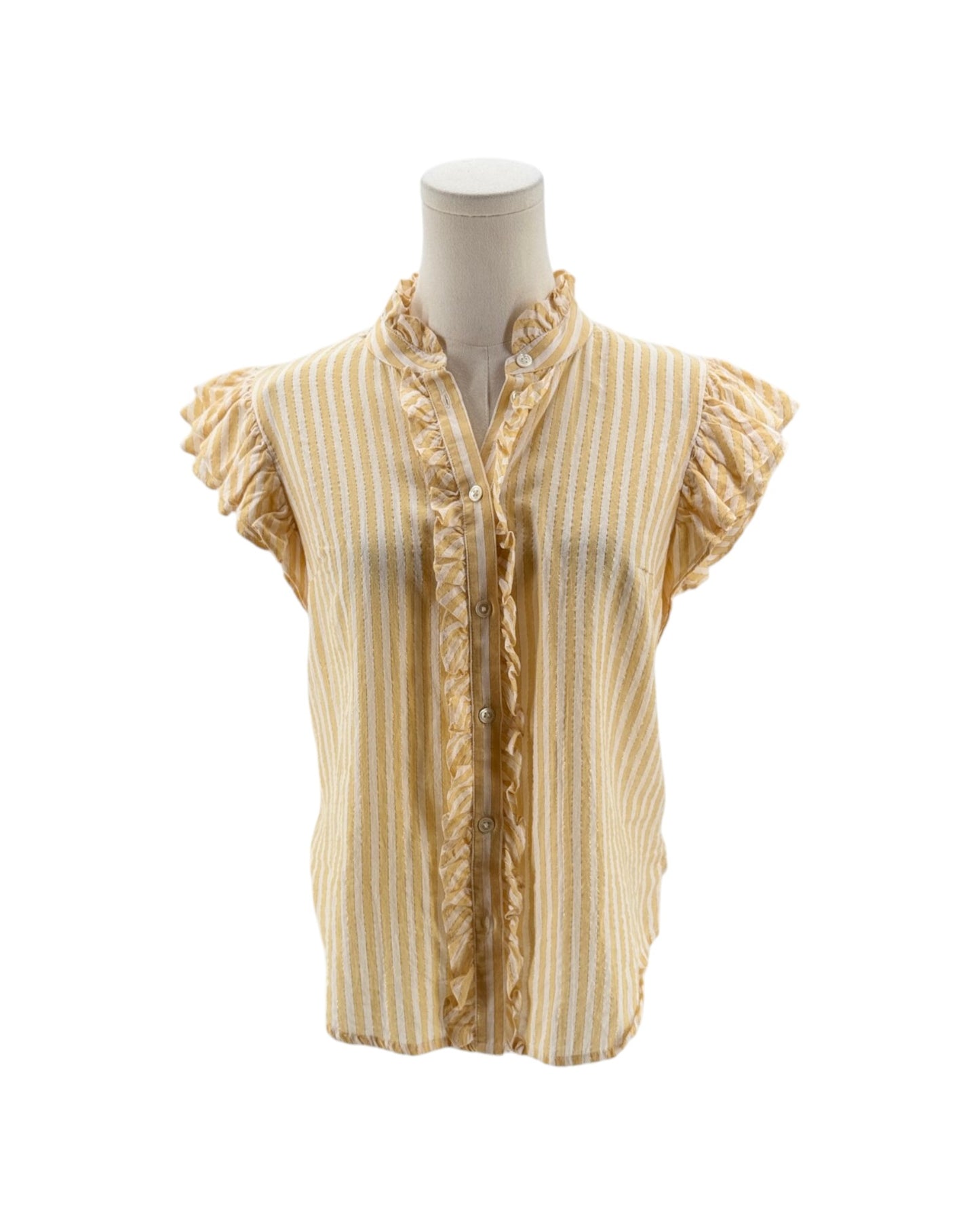 Yellow and white striped blouse on a mannequin against a white background