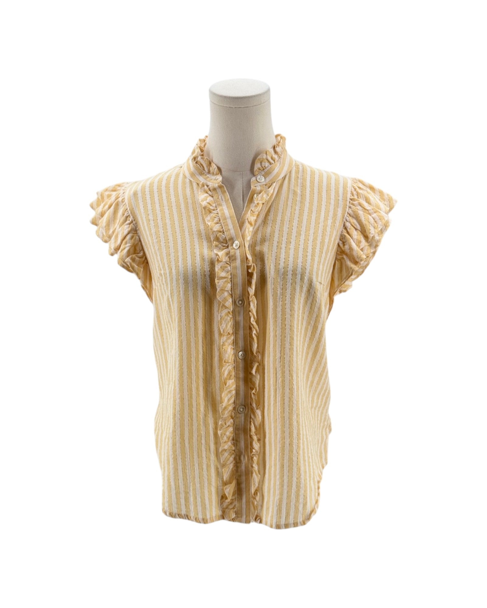 Yellow and white striped blouse on a mannequin against a white background