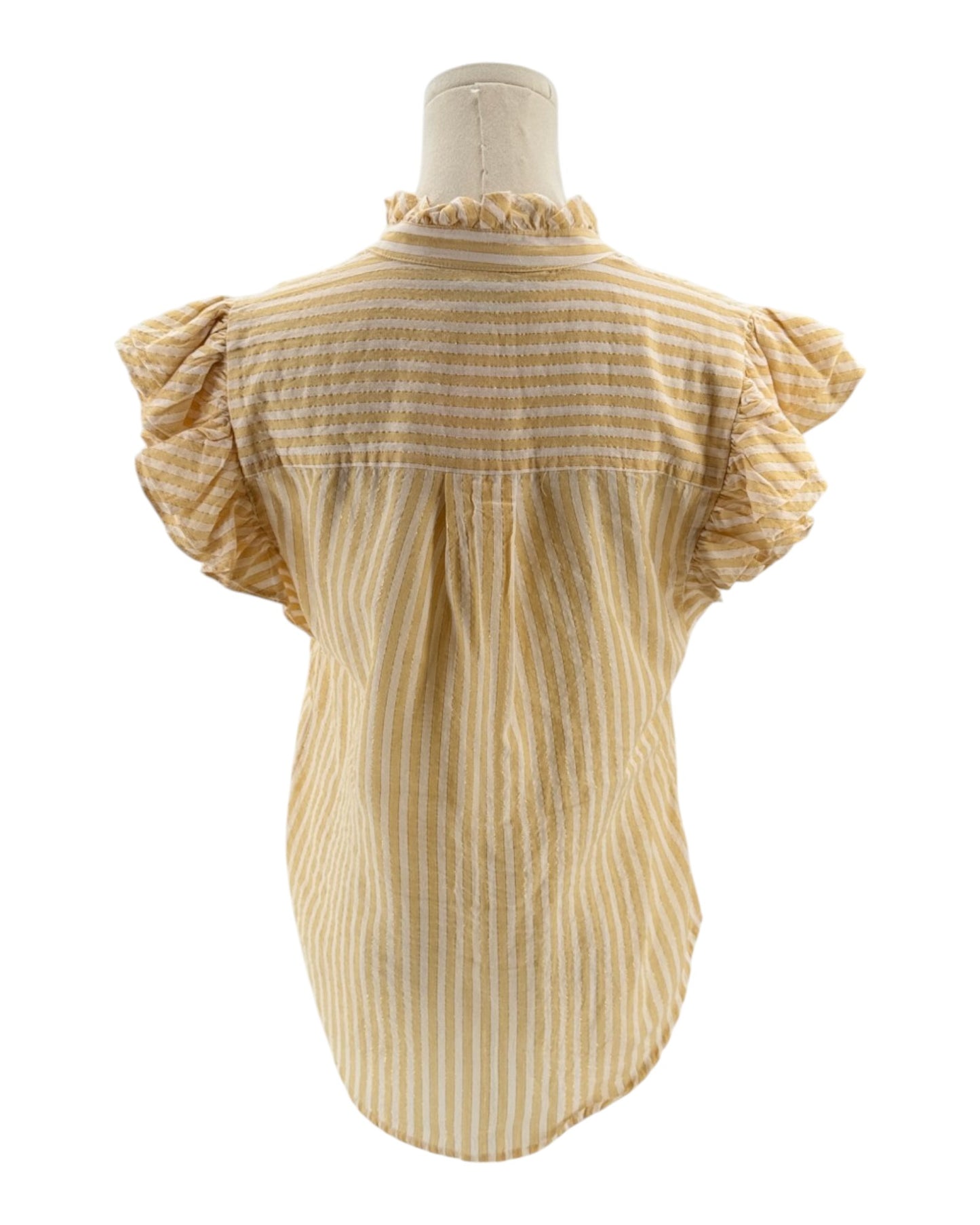 Yellow and white striped blouse on a mannequin with a white background
