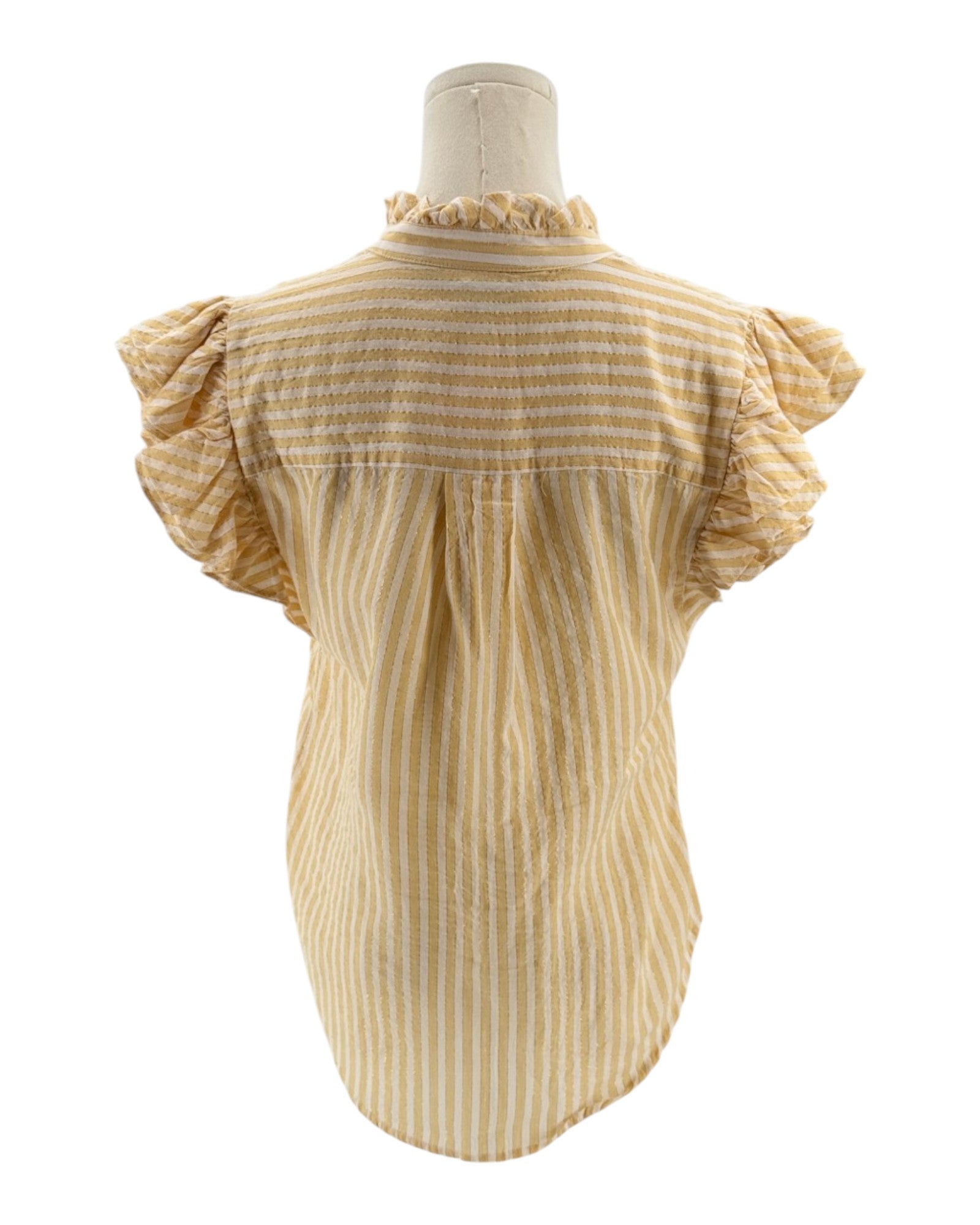 Yellow and white striped blouse on a mannequin with a white background