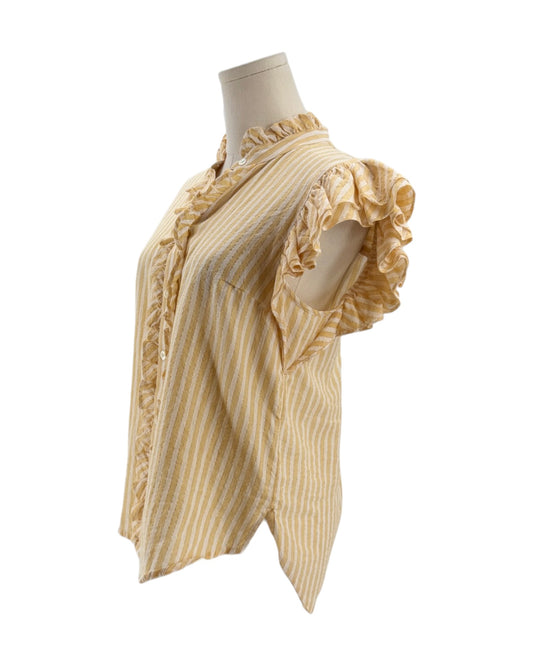 Mannequin wearing a yellow and white striped dress with ruffled details on a white background