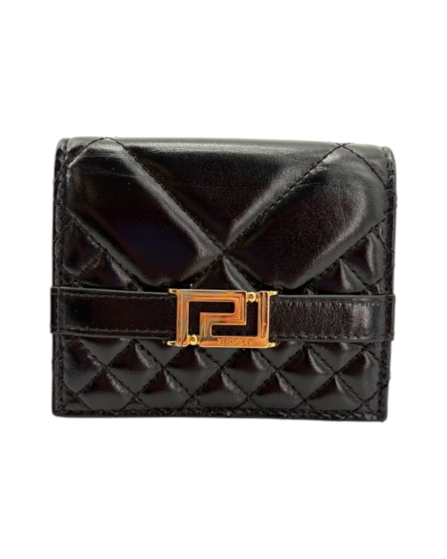 Black quilted wallet with a gold clasp on a white background