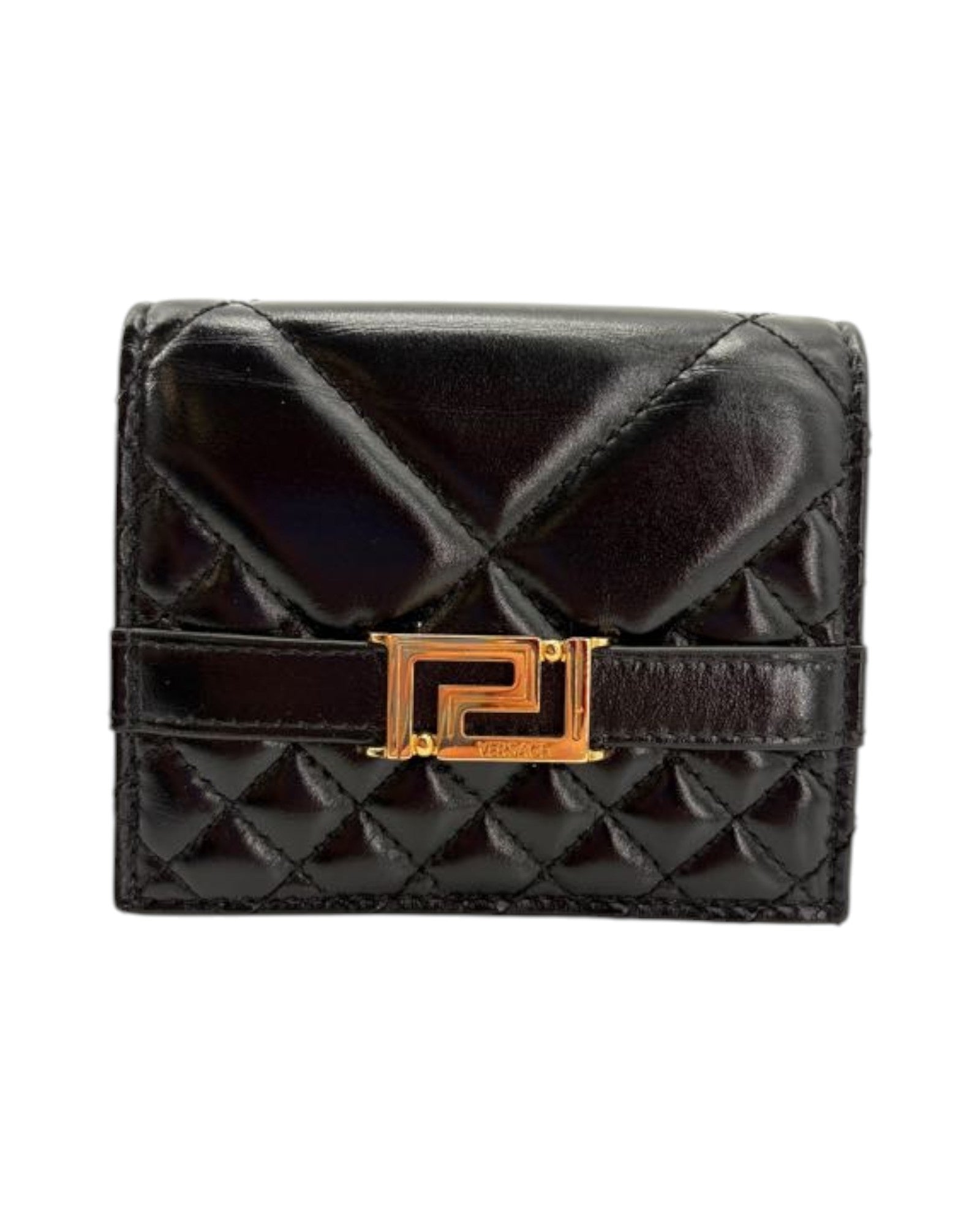 Black quilted wallet with a gold clasp on a white background