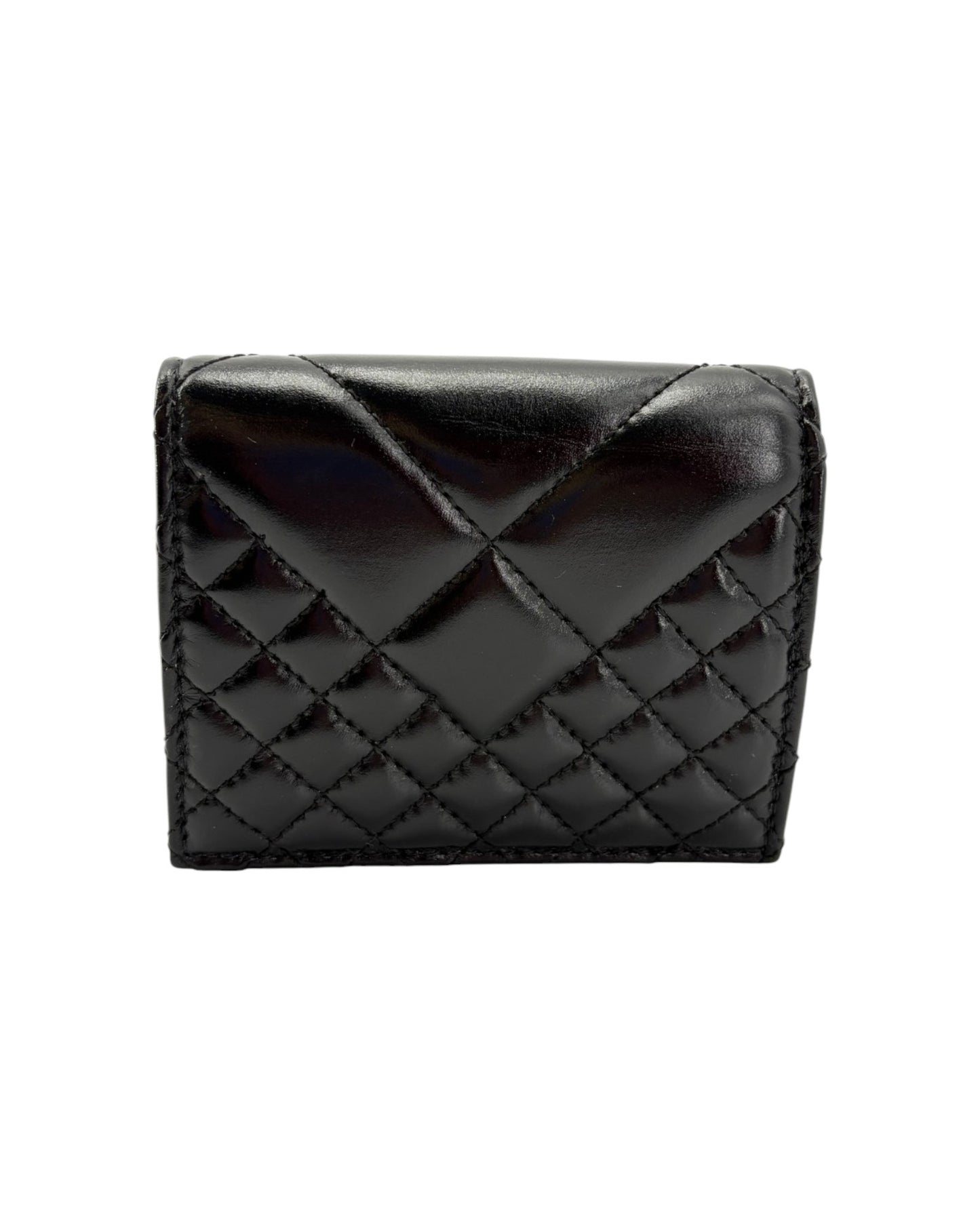 Black quilted wallet on a white background