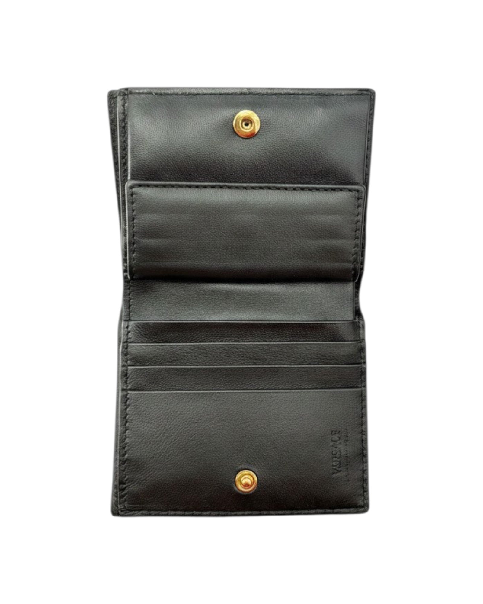 Black leather wallet with gold buttons on a white background